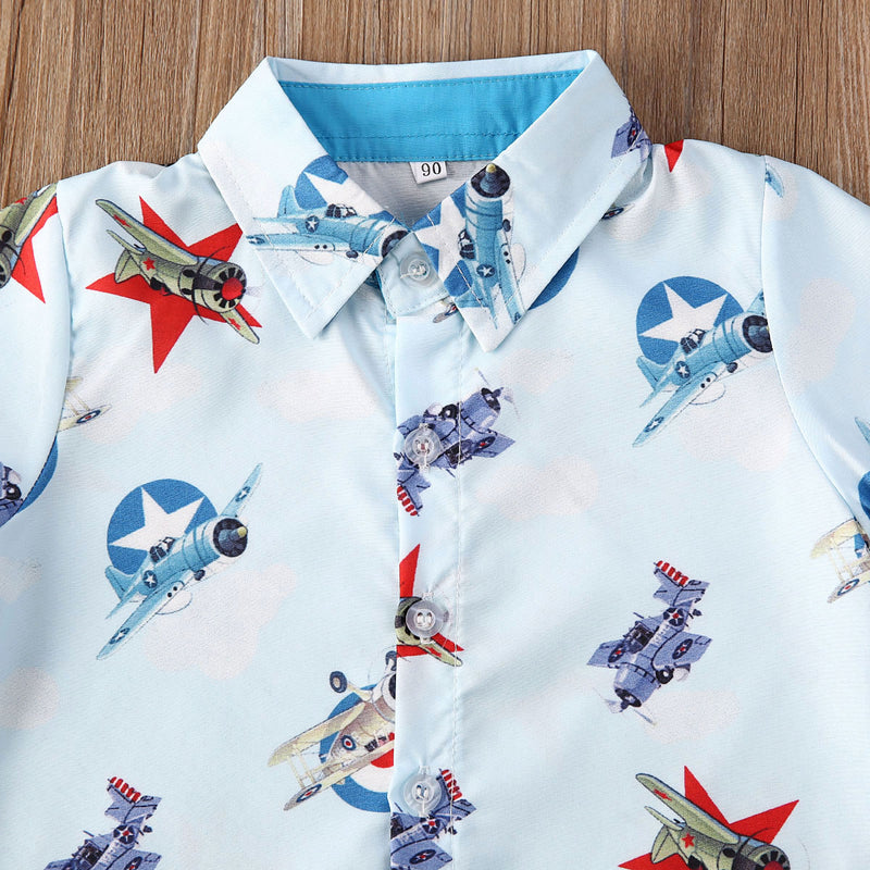 Toddler Boys Vintage Airplane Print Button Up Collar Shirt with Pants Or Shorts Plane Shirt
