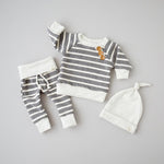 This adorable grey and white stripe long sleeve shirt with wood button matching pants and hat set are a perfect outfit for your little guy. We also love this as an adorable baby shower gift set. Baby boy clothing set with long sleeve shirt and pants. coming home outfit