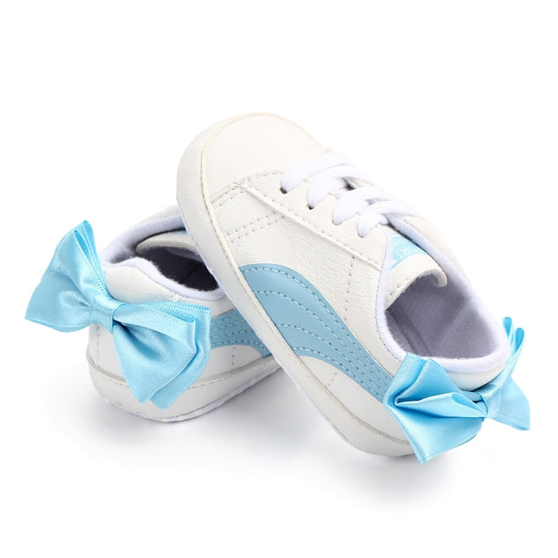 Baby Boy Girl Classic Sports Sneakers Newborn Leather Non-slip First Walkers With Bow Infant Toddler Soft Sole Shoes