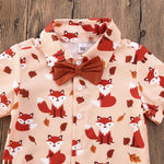 Boys Fox Print Button Up Collard Shirt with Bow Tie and Shorts Set Rust Orange