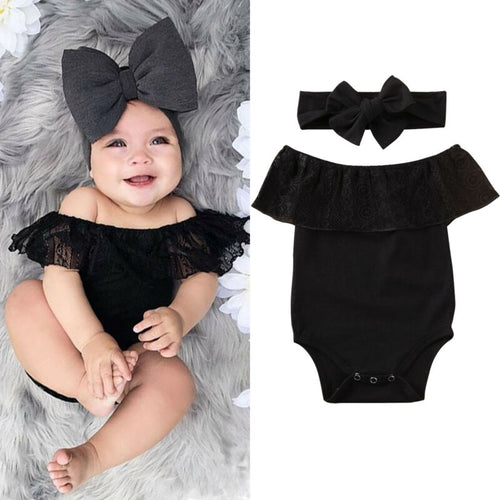 Infant Baby Girl Black Lace Off the Shoulder Romper and Headband Outfit Set Summer Clothes