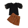 Girls Faux Fur Sleeve Shirt and Corduroy Skirt Set Black Or White Top and Tan Skirt