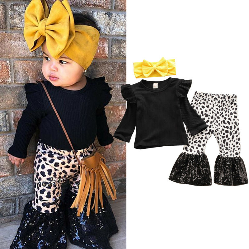 Baby Girl Leopard Flare Leggings with Flutter Sleeve Top and Headband