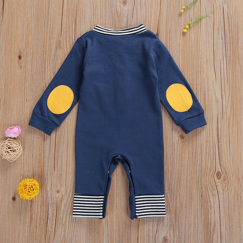 Baby Boy Infant Striped Romper with Pocket Long Sleeve Navy and White Stripe Yellow Elbow Patches