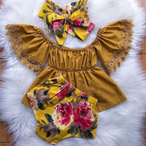 Baby Girl Clothes Off the Shoulder Lace Top with Floral Shorts 3 Piece Outfit with Headwrap