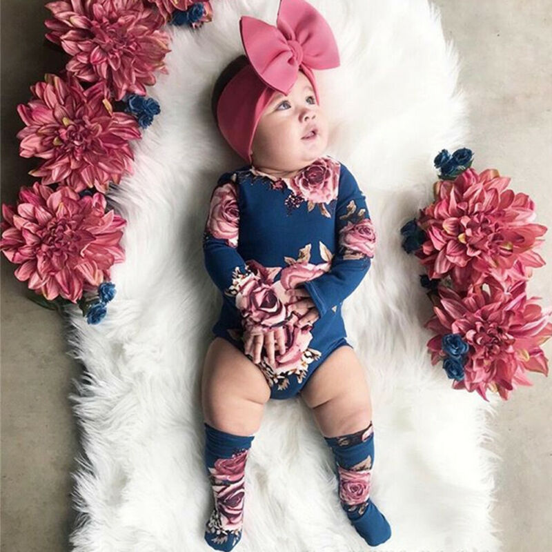 Newborn Baby Floral Long Sleeve Romper Floral Jumpsuit Girl Warm Leg Socks Outfit