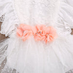 Newborn Infant Baby Girls White Lace Romper Dress with Peach Floral Details and Rhinestones with Matching Headband