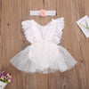 Newborn Infant Baby Girls White Lace Romper Dress with Peach Floral Details and Rhinestones with Matching Headband