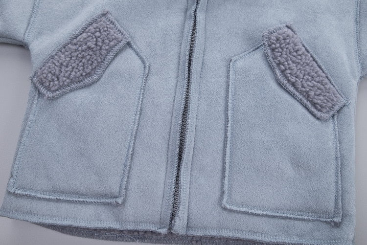 Kid Boy Velvet Jacket Fall Top Coats Lapel Neck Long-Sleeve Side Pocket Keep Warm Zipper Blouse