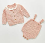Baby Girl Knit Embroidery Flowers Apples Cardigan Sweater and Romper Set