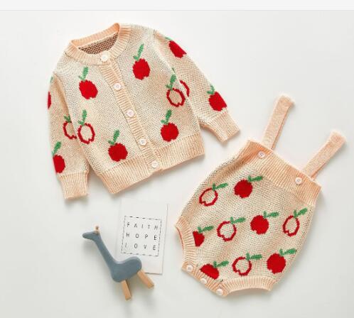 Baby Girl Knit Embroidery Flowers Apples Cardigan Sweater and Romper Set