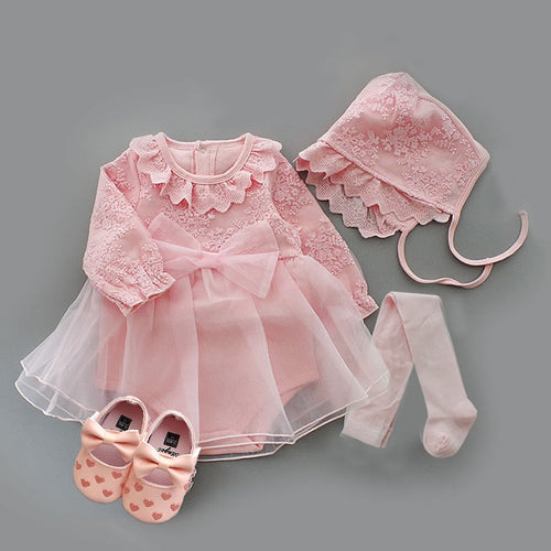 This little lace dress with the big bow detail is just the sweetest thing. The white one makes an adorable Baptism or Christening dress and we love the red and pink versions for an adorable valentine's day outfit for your baby girl. If you are looking for the complete outfit, we love the shoes, coordinating socks, and lace bonnet. This also makes a great baby shower gift set.