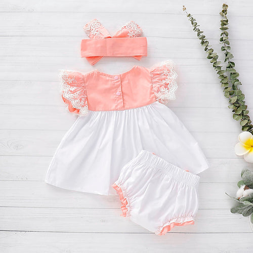 Baby Newborn Girl Kids Lace Dress Tops with Bow Peach and White Bloomer Dress Set Spring Summer