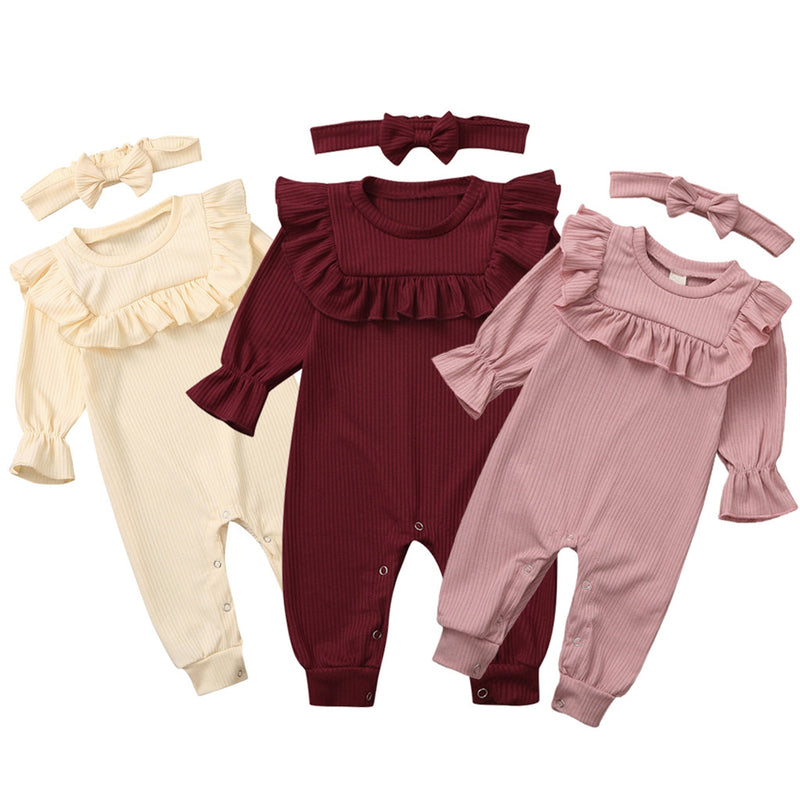 Newborn Infant Baby Girl Winter Clothes Solid Ruffle Romper Jumpsuit Headband Outfits Set Vintage Look