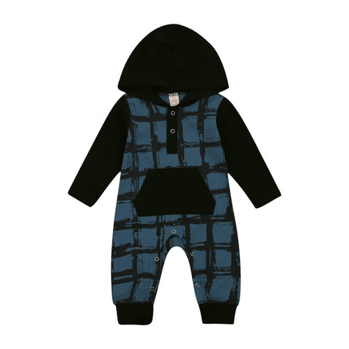 Infant Newborn Baby Boy Hooded Jumpsuit Long Sleeve Plaid Print Button One Piece Romper with Pocket