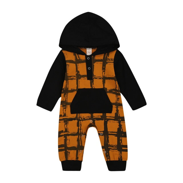 Infant Newborn Baby Boy Hooded Jumpsuit Long Sleeve Plaid Print Button One Piece Romper with Pocket