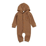 Newborn Baby Girl Boy Solid One-piece Waffle Pattern Thermal Romper Long Sleeve Button Up Hooded Romper Unisex Neutral Colors
