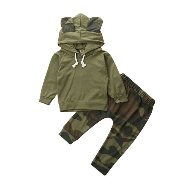 Newborn Baby Boy Girls Clothes Set Autumn Winter Warm 2pcs Long Sleeve Hooded Camo T-shirt Tops + Pants Casual Set