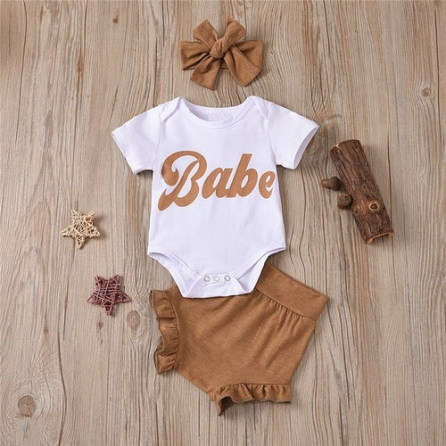 Baby Girl Babe Onesie with Bloomer Shorts and Matching Headband Natural Colors