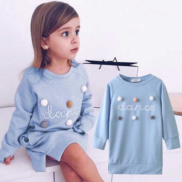 girls sweatshirt pullover dress pom poms pink blue toddler