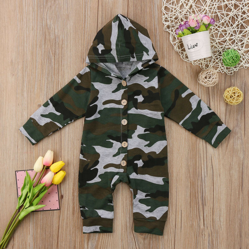 Baby Boy Camo Romper Long Sleeve Hoodie Jumpsuit with Wooden Buttons Camouflage