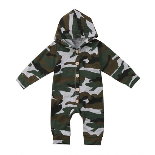 Baby Boy Camo Romper Long Sleeve Hoodie Jumpsuit with Wooden Buttons Camouflage