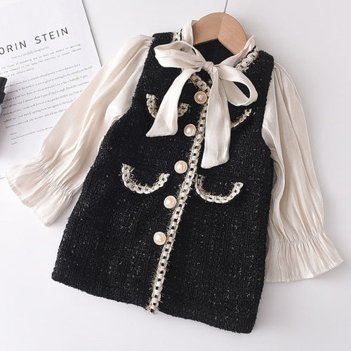Girls Tweed Princess Patchwork Dress with Bow and Pearl Buttons Girls Fancy Suit Dress chanel inspired