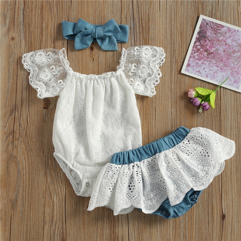 Baby Girls Clothes Eyelet Lace and Denim Bloomer Shorts with Lace Onesie and Denim Headwrap
