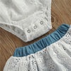 Baby Girls Clothes Eyelet Lace and Denim Bloomer Shorts with Lace Onesie and Denim Headwrap