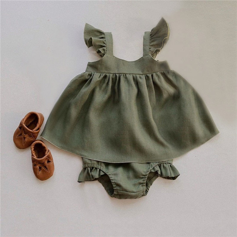 baby girl classic outfit boho olive green neutral colors linen summer outfits