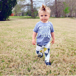 Mama's Boy Light Blue Shirt and Triangle Print Leggings Pants Baby Boy Outfit Set Navy Mustard Blue