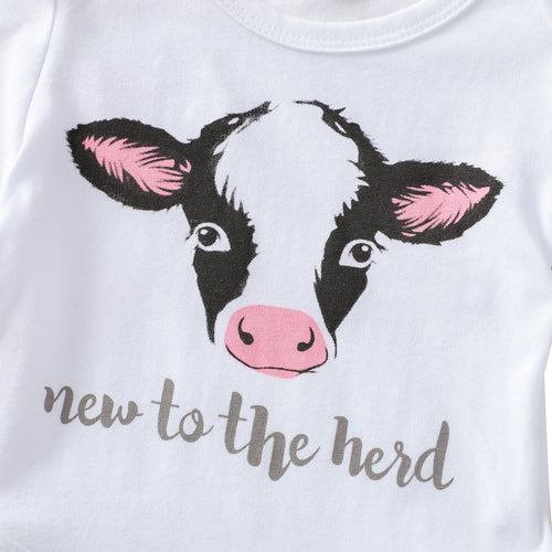 Baby Girl Cow Print Outfit New to the Herd Bloomer Shorts Onesie and Matching Bow