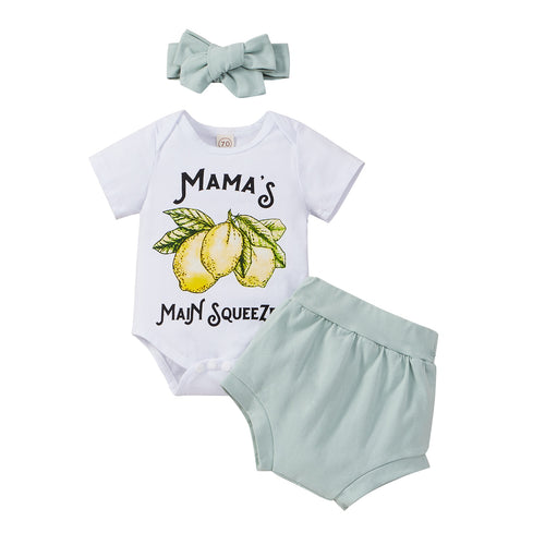 Mama's Main Squeeze Baby Girl Lemon Onesie with Bloomer Shorts and Head Band Outfit Set