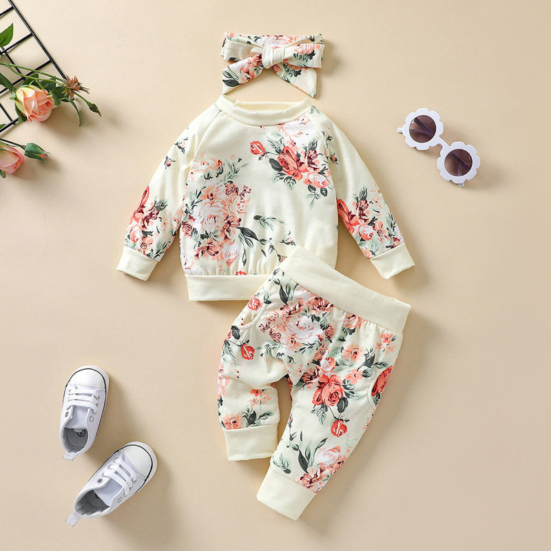 Baby Girl Floral Pull Over Long Sleeve Sweatshirt and Leggings Pants Set with Head Band Bow