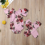 Baby Girl Blush Burgundy Cream Floral Romper with Matching Long Socks