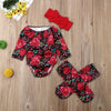 Baby Girl Floral Print Romper Christmas Holiday Red and Black Bow and Knee Socks
