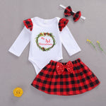 Baby Girl First Birthday Outfit Buffalo Plaid Check Skirt Bodysuit and Bow Set