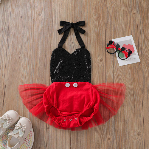 Baby Girl Minnie Mouse Inspired Tutu Romper with Black Sequin Top