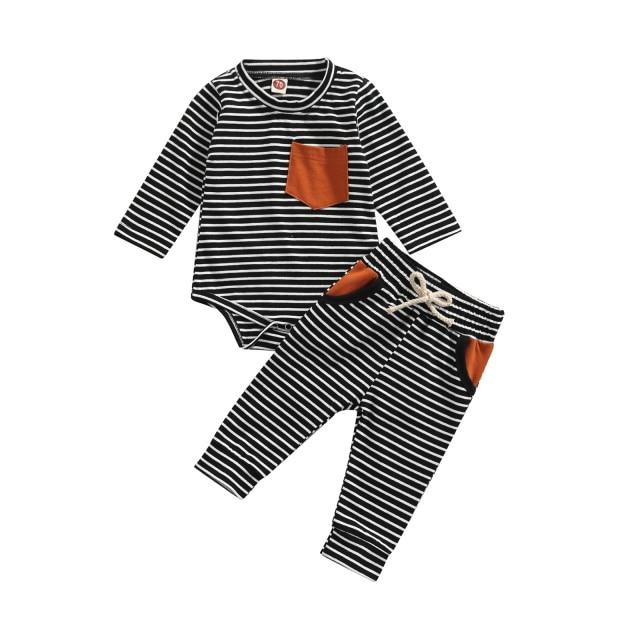 Baby Toddler Boy Long Sleeve Stripe Black White and Rust Patch Pocket Fall Outfits