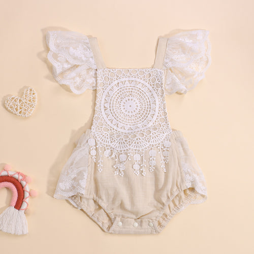 Baby Girls Lace Embroidered Romper Neutral Colors Beige and White