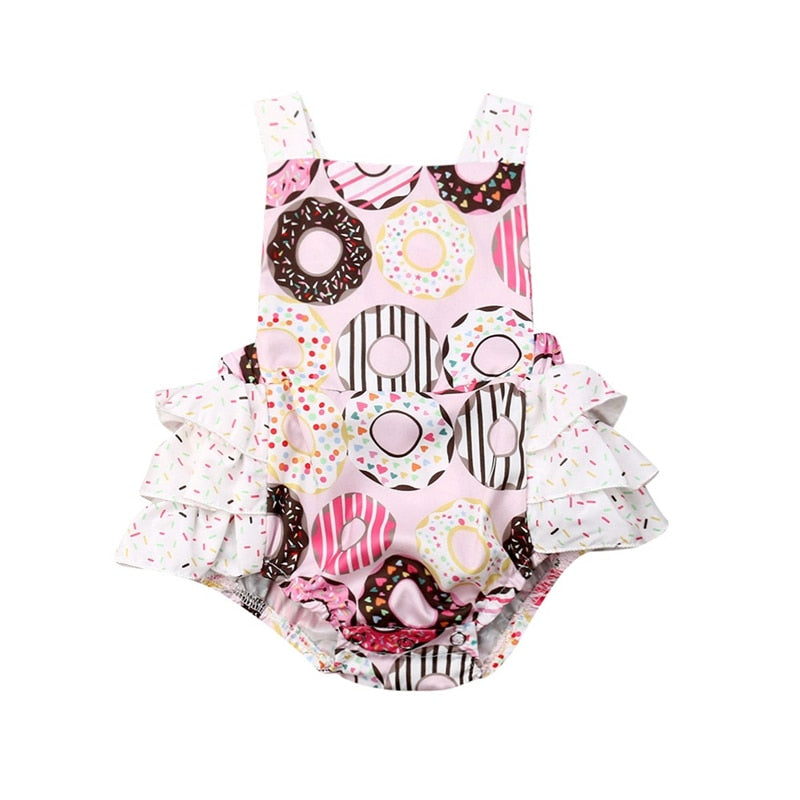 Baby Girls Donut Doughnut Romper First Birthday Outfit with Ruffles and Sprinkles Design