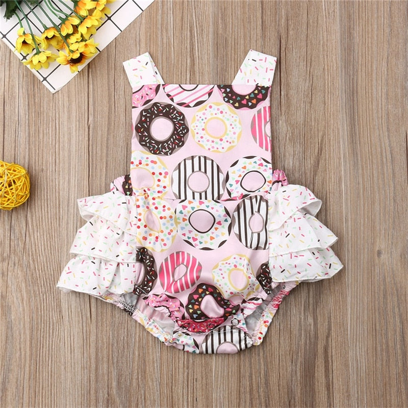 Baby Girls Donut Doughnut Romper First Birthday Outfit with Ruffles and Sprinkles Design