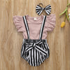 Baby Girl Pink Ruffle Sleeve Onesie with Black and White Stripe Bloomer Suspender Set with Bow