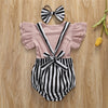 Baby Girl Pink Ruffle Sleeve Onesie with Black and White Stripe Bloomer Suspender Set with Bow