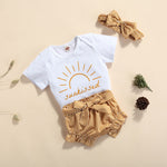 Baby Girl Sunkissed Onesie with Mustard and White Stripre Bloomer Shorts and Matching Headband