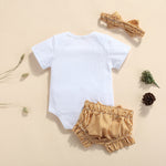 Baby Girl Sunkissed Onesie with Mustard and White Stripre Bloomer Shorts and Matching Headband
