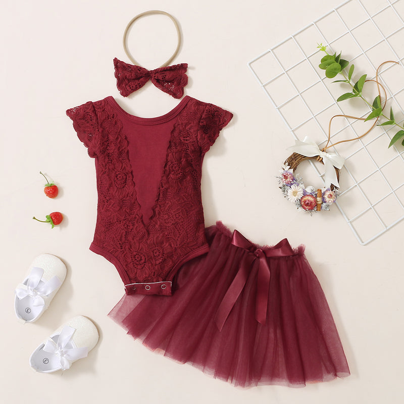 Baby Girl Lace Tutu Romper with Satin Bow and Matching Headband Outfit Burgundy and Creme
