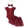 Baby Girl Lace Tutu Romper with Satin Bow and Matching Headband Outfit Burgundy and Creme