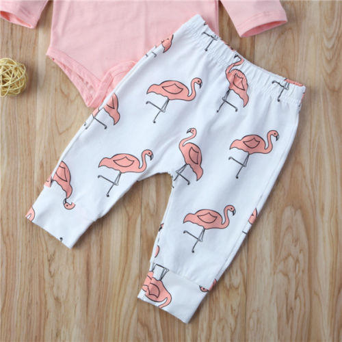 Baby Girl Flamingo Leggings and Pink Long Sleeve Ruffle Romper Set