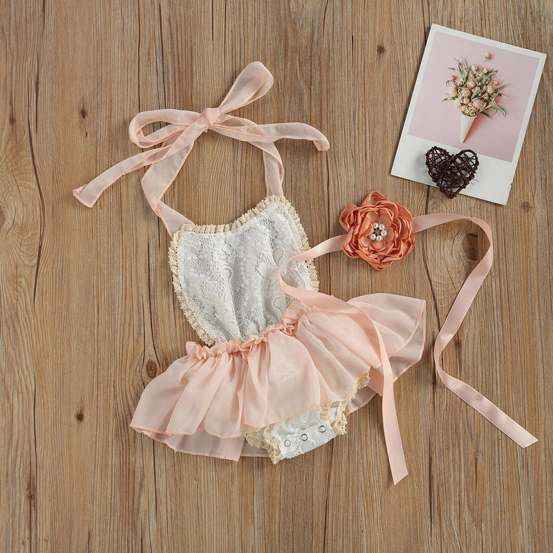 Baby Girl Vintage Style Shabby Chic White Lace Peach Chiffon Tutu Skirt Romper with Flower Belt